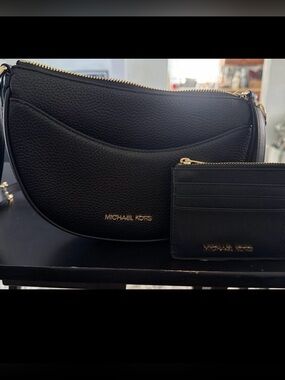 Michael Kors Black Pebbled Leather Crescent Crossbody with Card Case